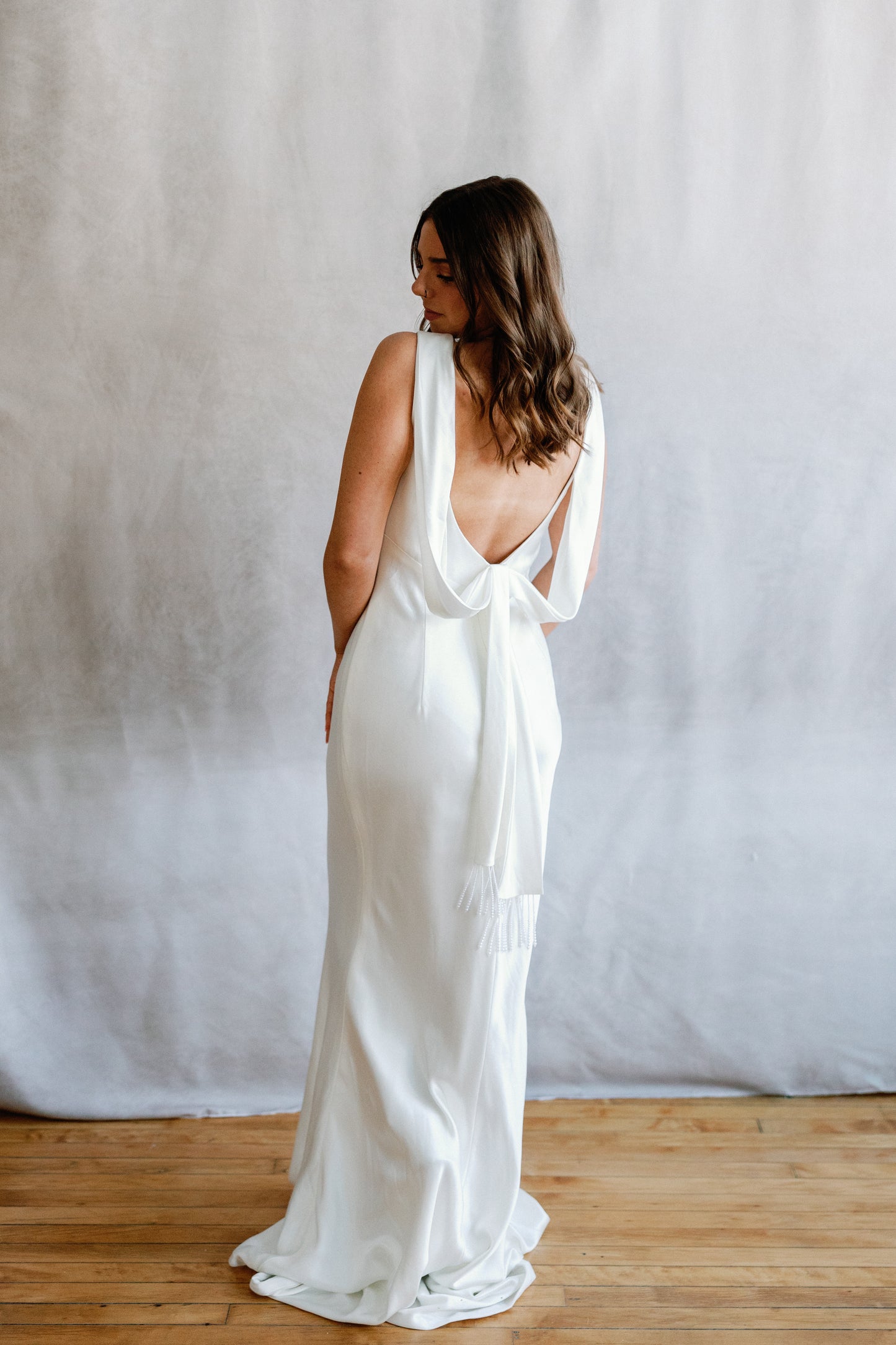 Keys High-Neck Draped Open-Back Satin Wedding Gown