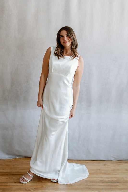 Keys High-Neck Draped Open-Back Satin Wedding Gown