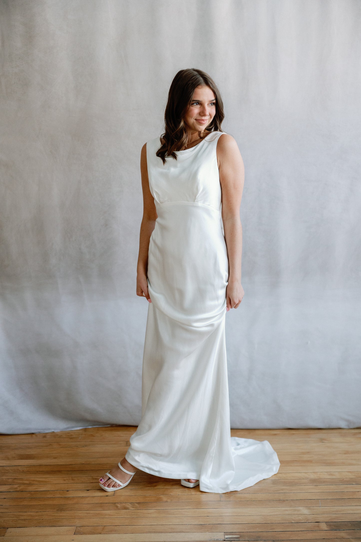 Keys High-Neck Draped Open-Back Satin Wedding Gown