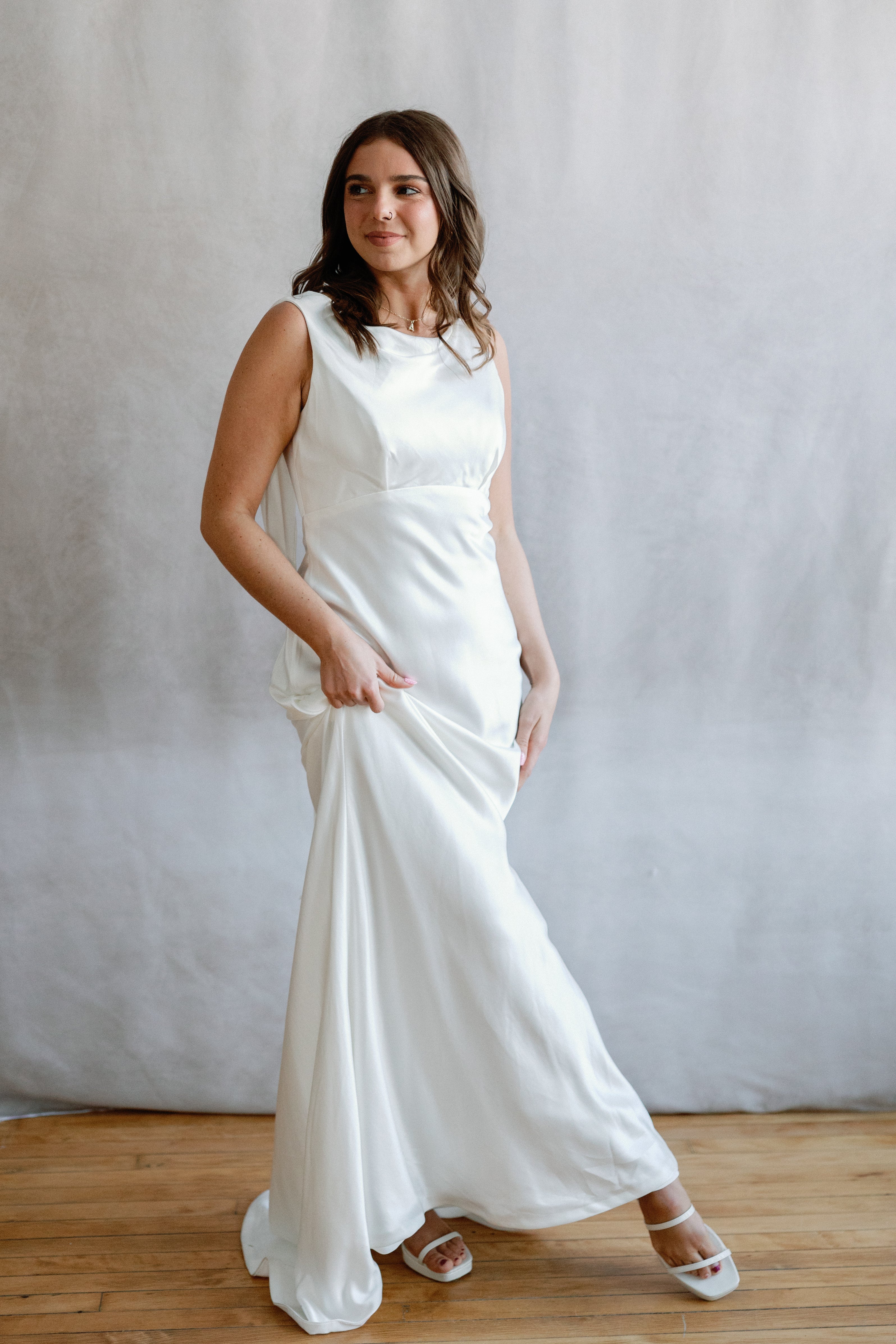 Keys High-Neck Draped Open-Back Satin Wedding Gown