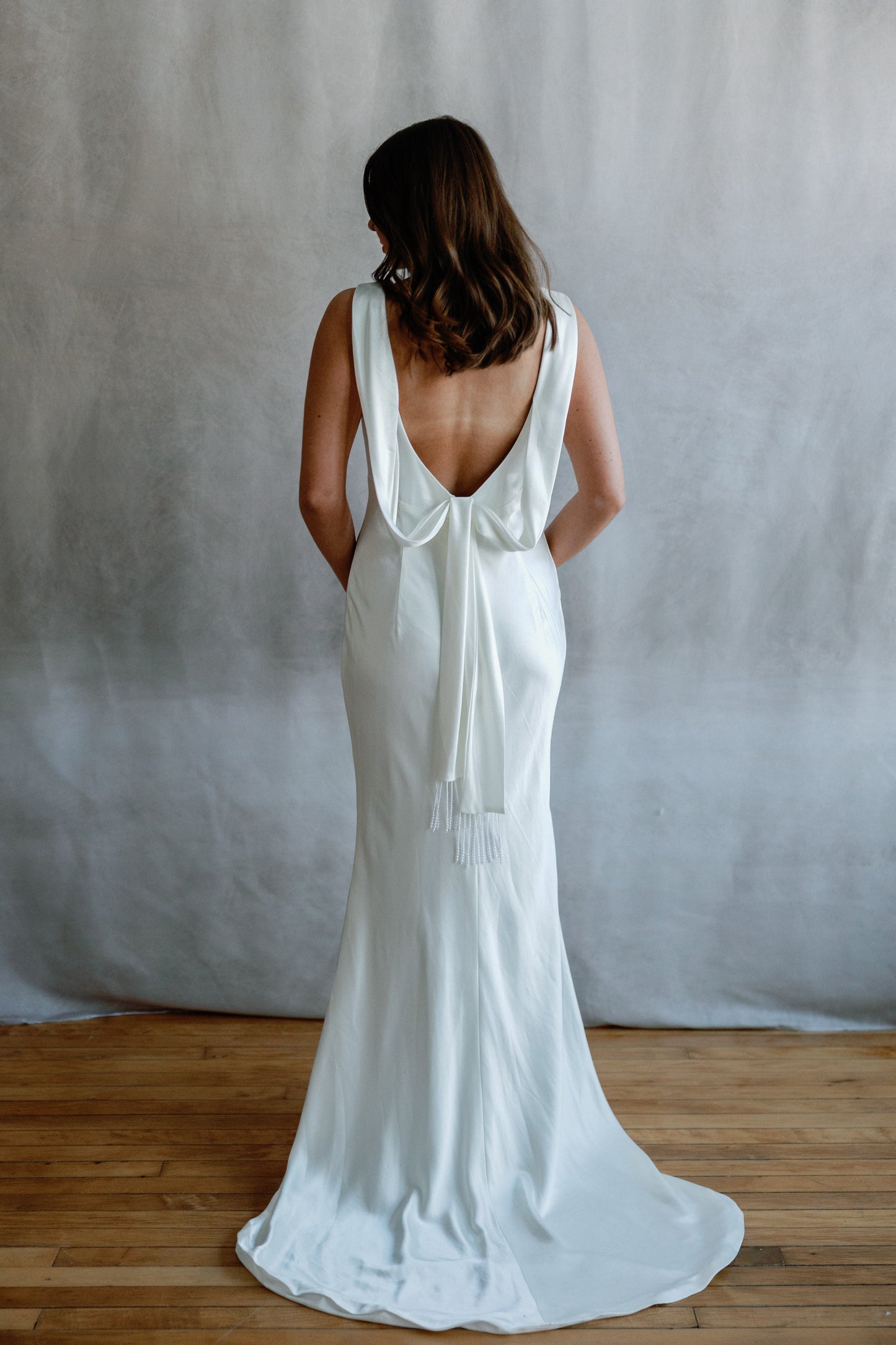 Keys High-Neck Draped Open-Back Satin Wedding Gown