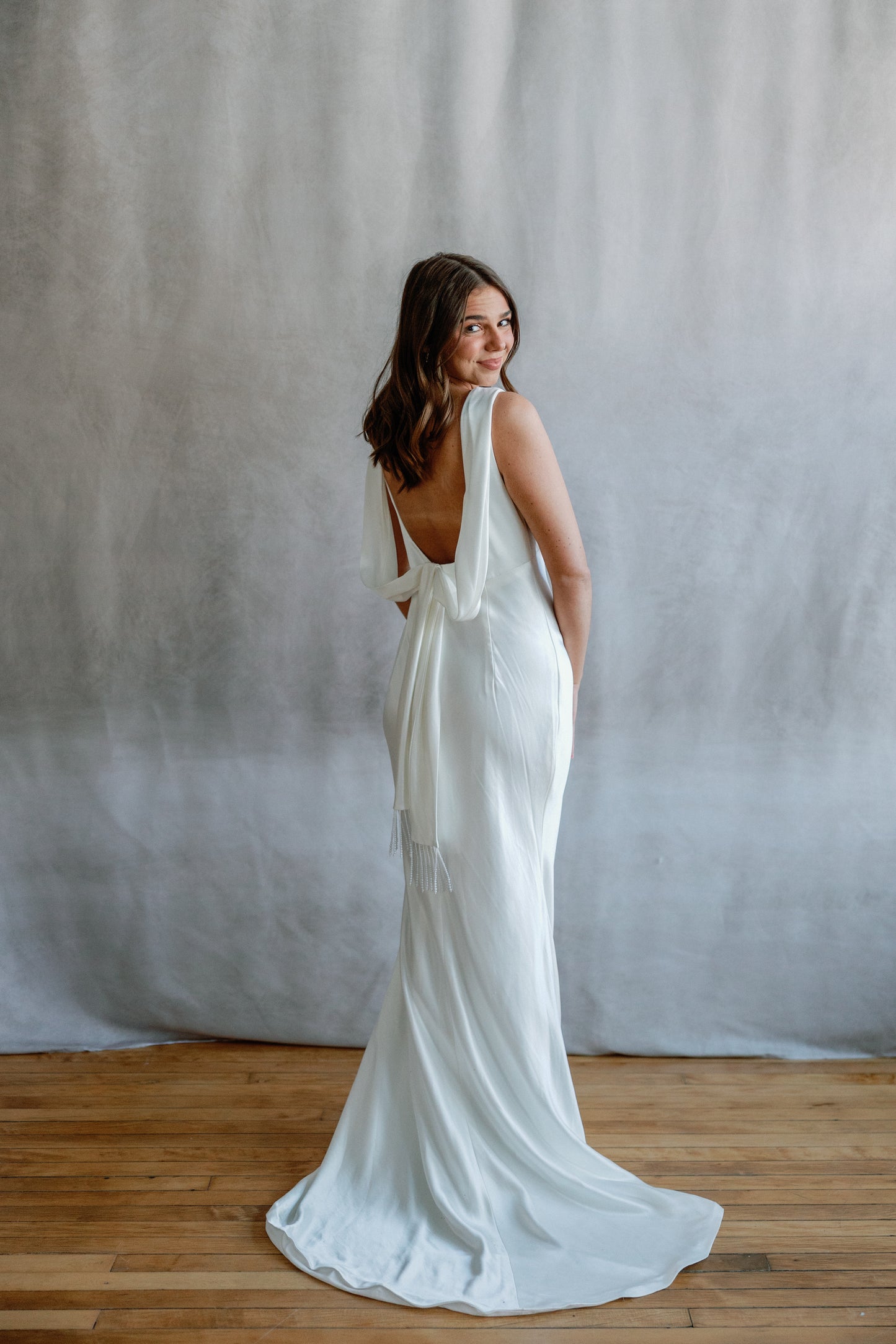 Keys High-Neck Draped Open-Back Satin Wedding Gown