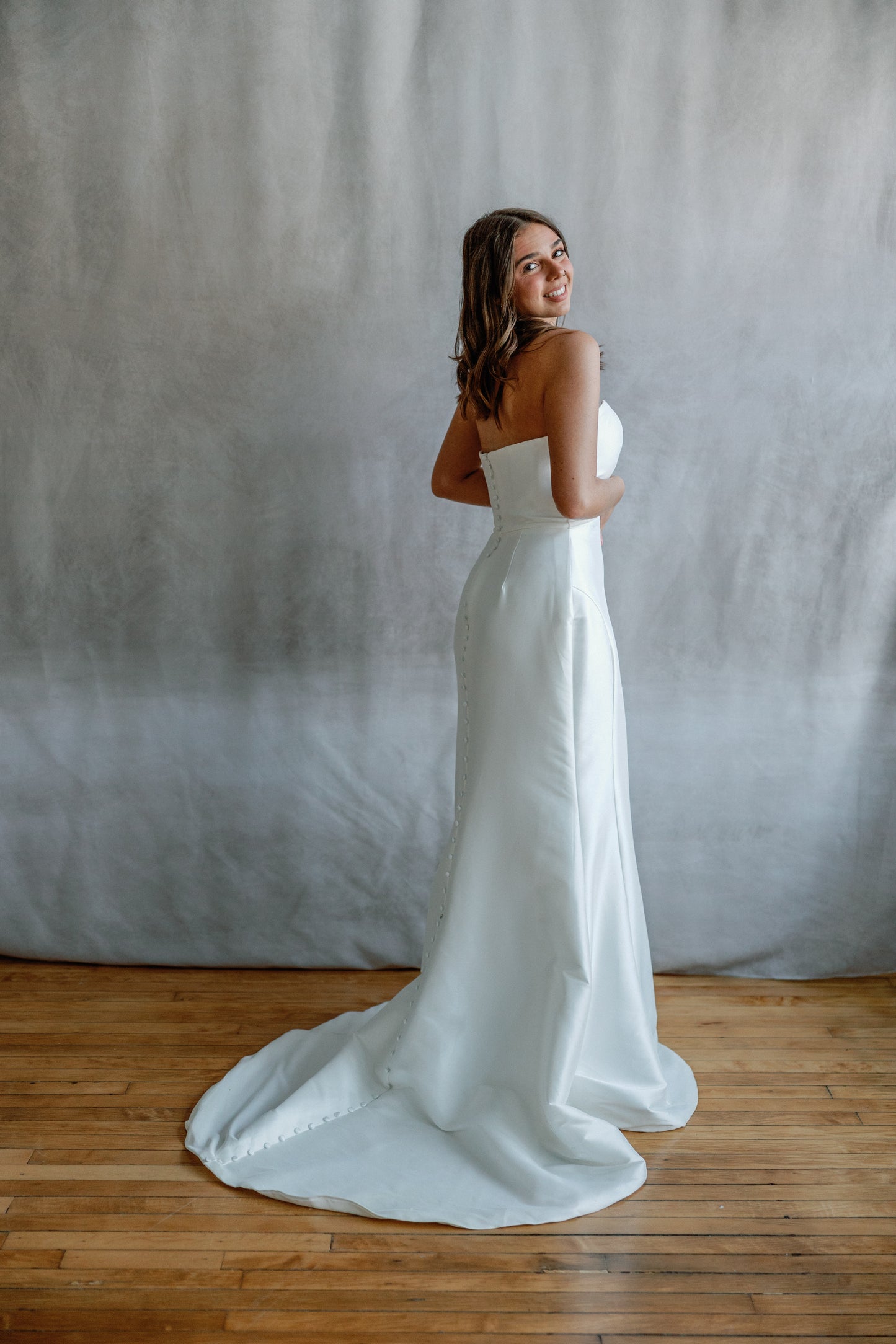 Siena Fit-and-Flare Satin Wedding Gown with Button Back Detail