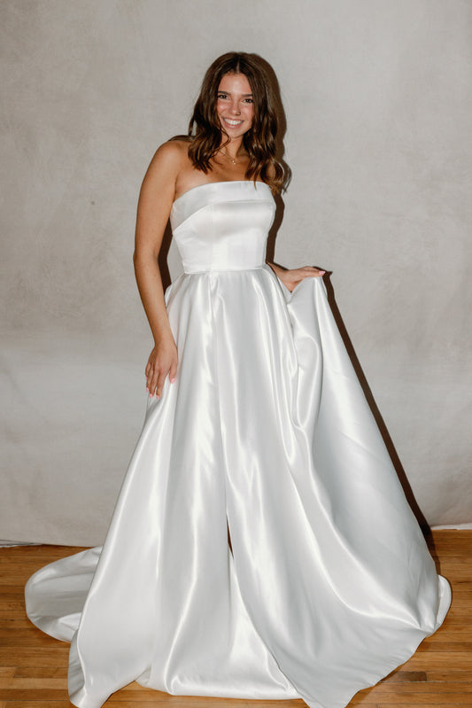 Angie Strapless Straight Neck Satin A-Line Gown