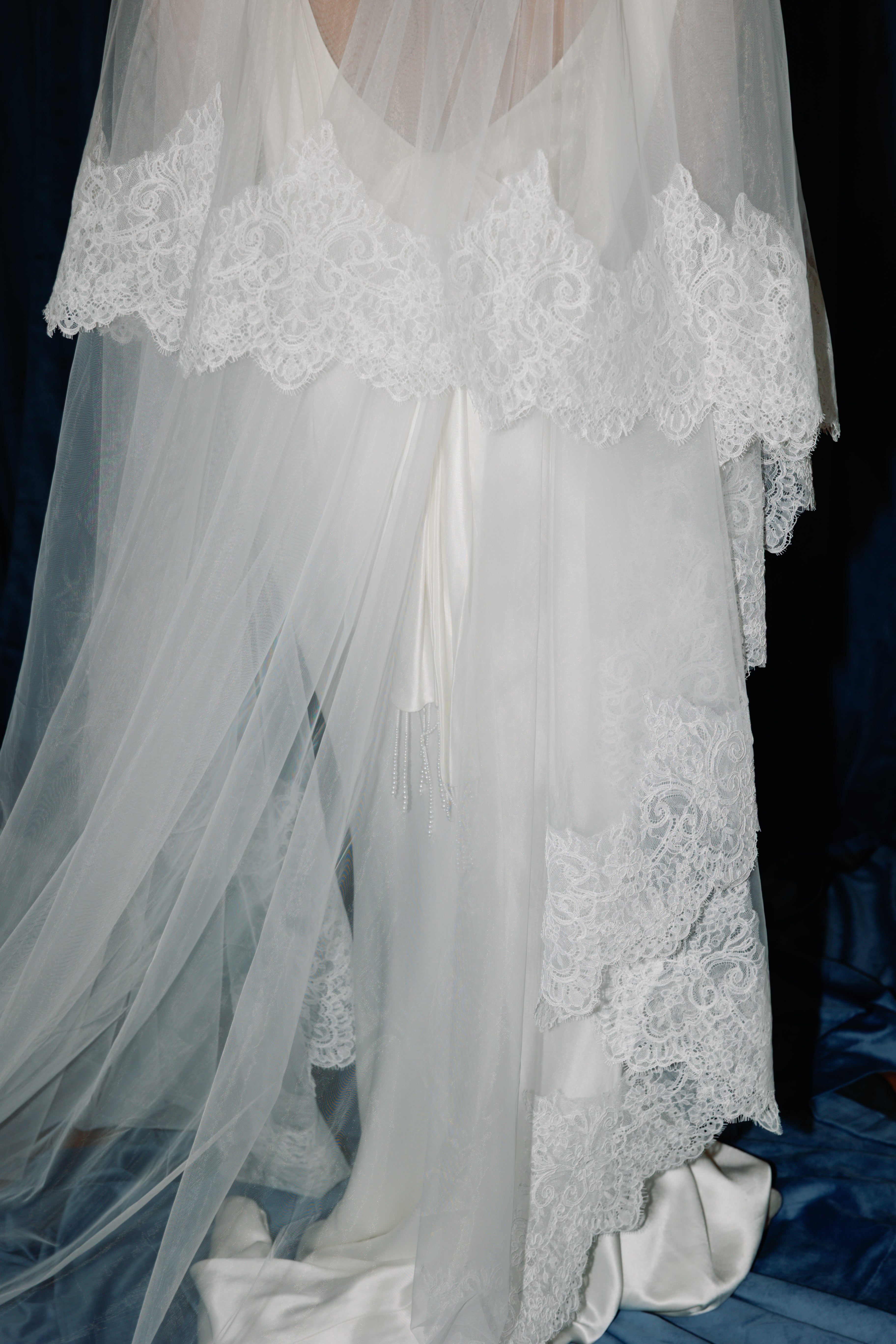 The Saint-Tropez Veil | Chantilly Lace Cathedral Wedding Veil with Blusher
