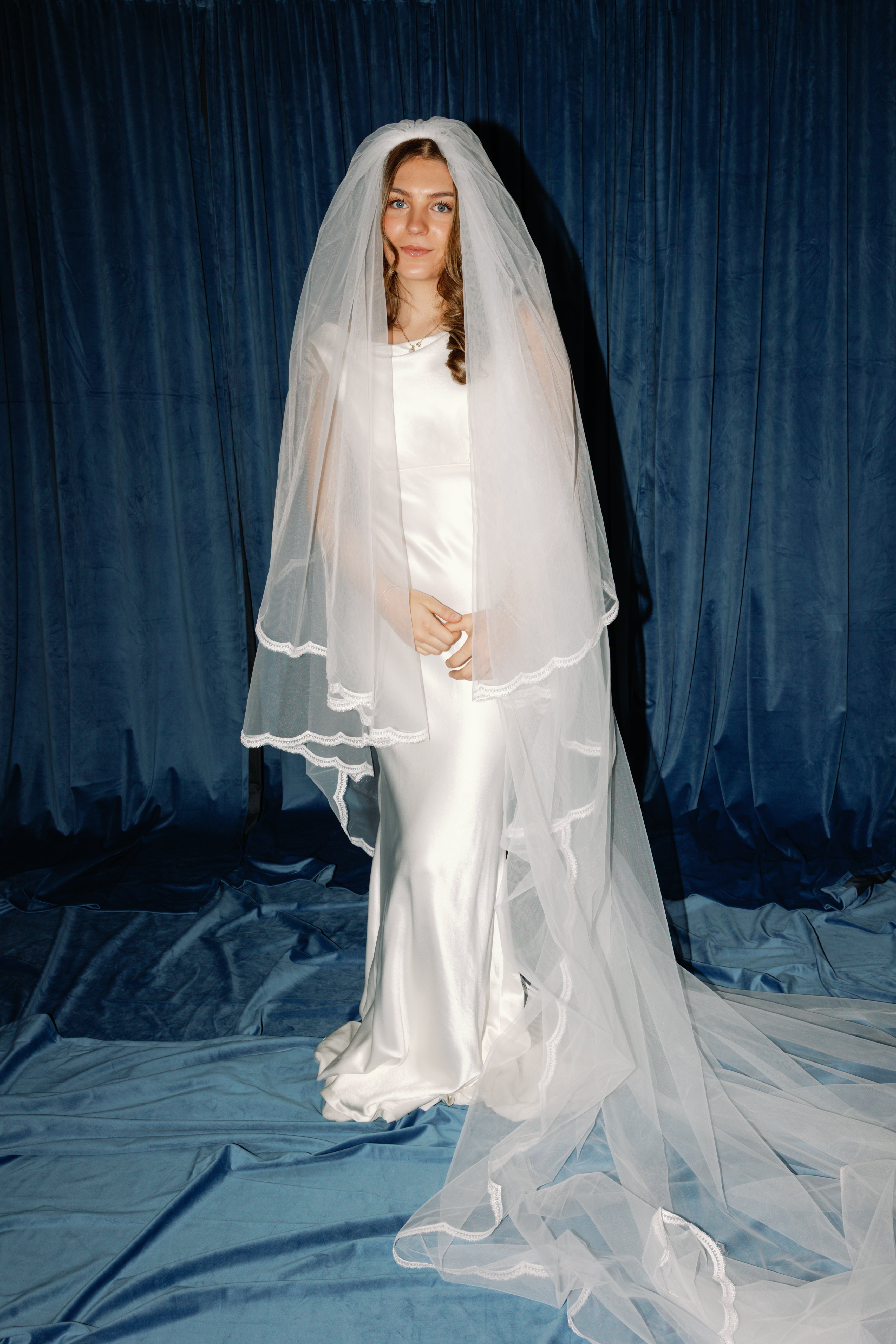 The Cannes Veil | Trim Lace Edge Cathedral Wedding Veil with Blusher