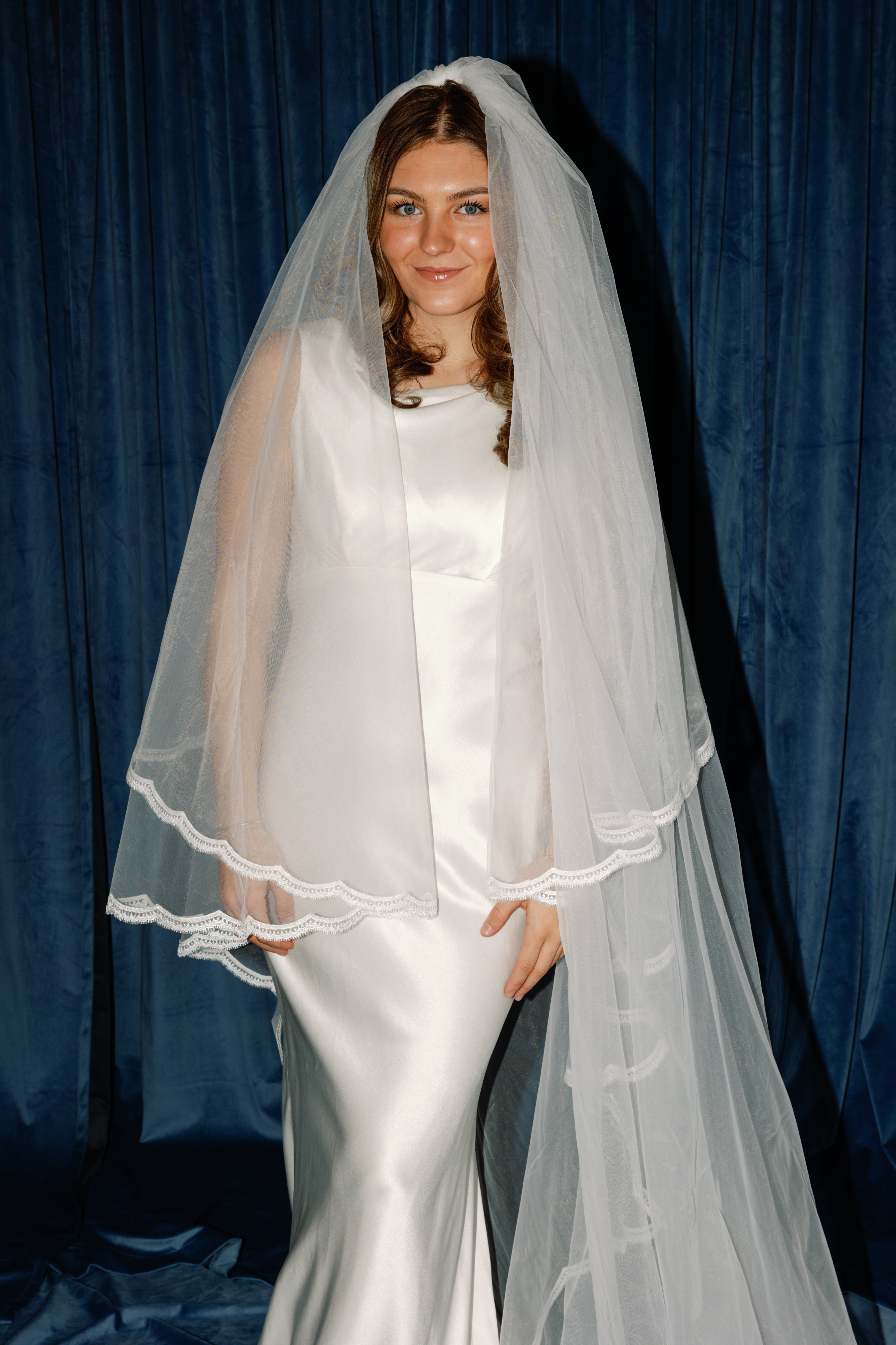The Cannes Veil | Trim Lace Edge Cathedral Wedding Veil with Blusher