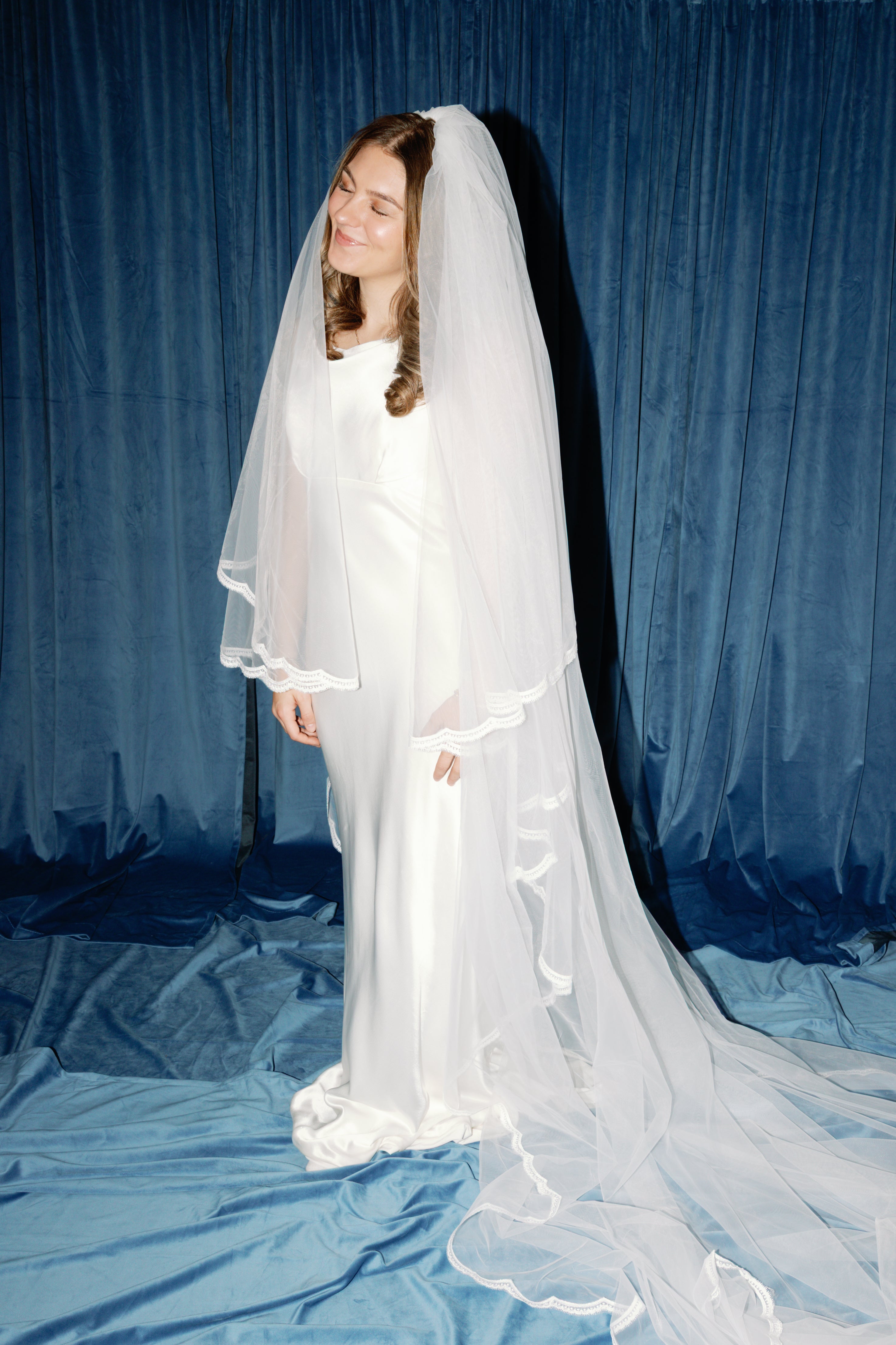 The Cannes Veil | Trim Lace Edge Cathedral Wedding Veil with Blusher