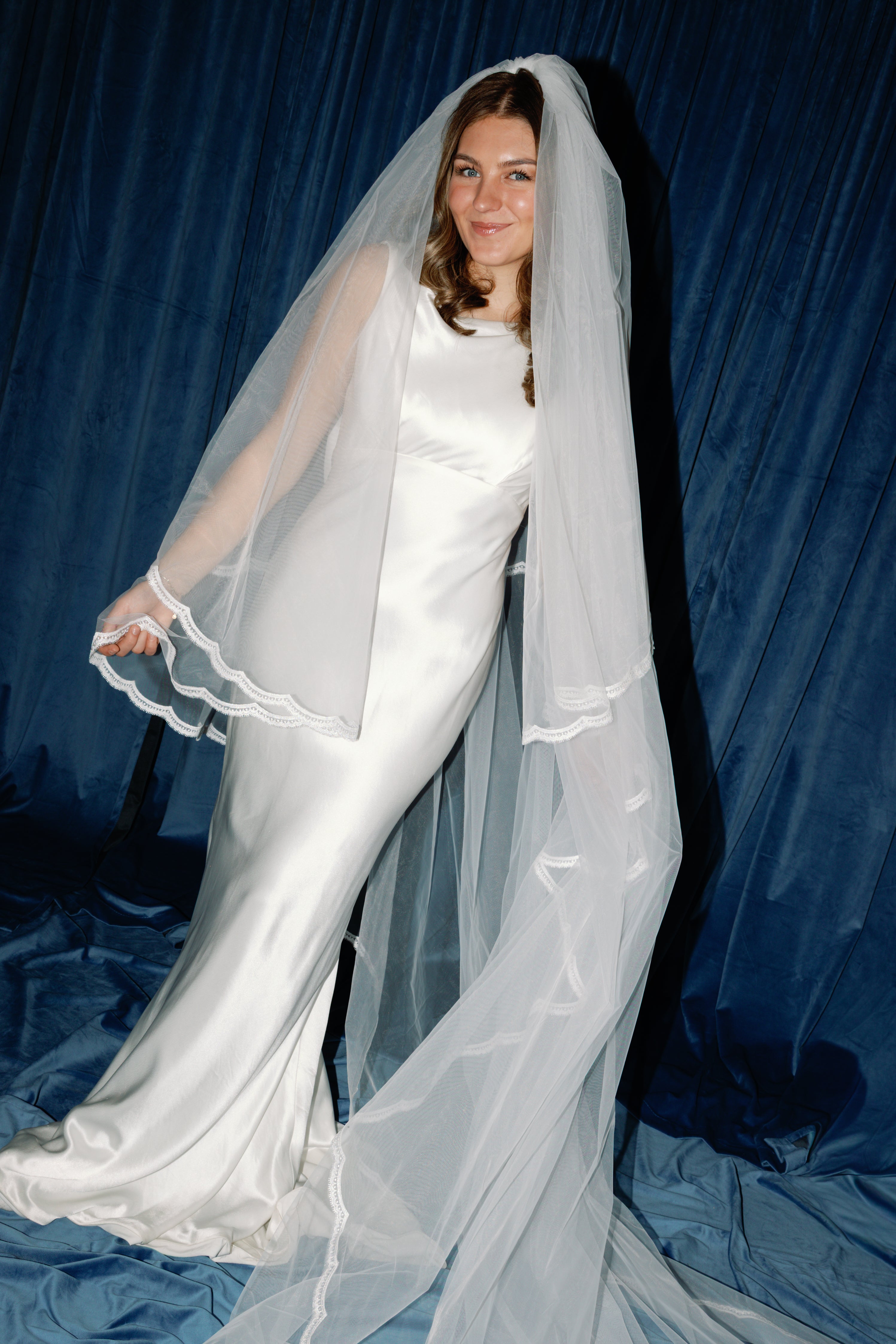 The Cannes Veil | Trim Lace Edge Cathedral Wedding Veil with Blusher