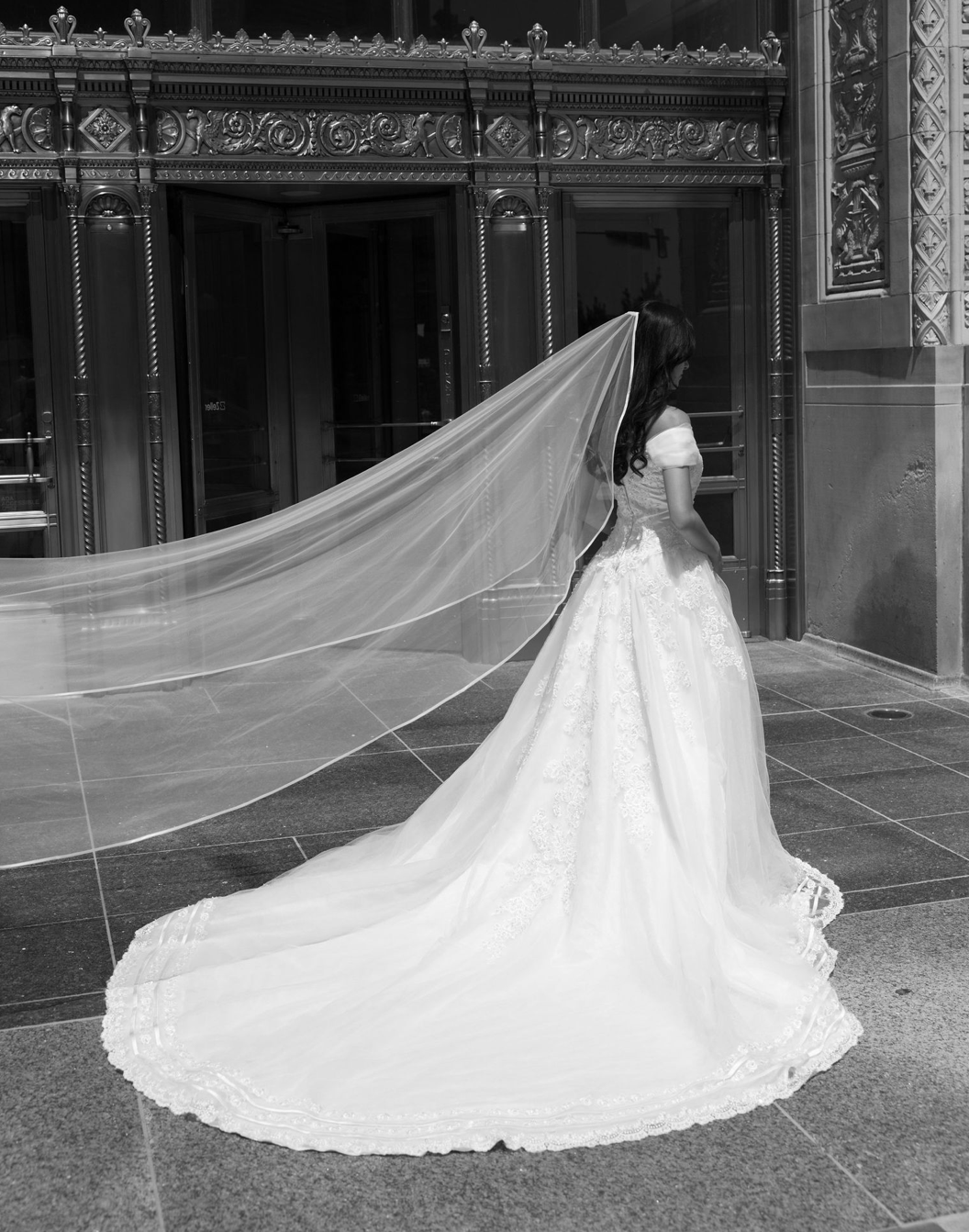 Cathedral length ribbon veil with soft tulle